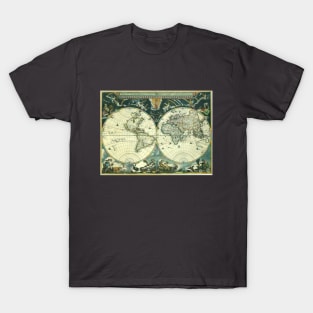 Antique Old World Double Hemisphere Map by Joan Blaeu, 1662 T-Shirt
